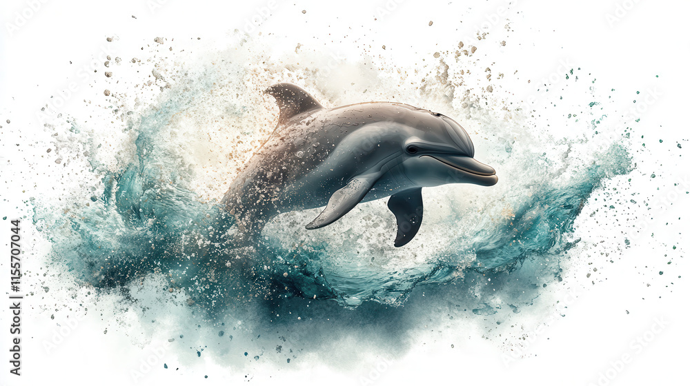 Poster playful dolphin leaps out of ocean, creating splashes and waves