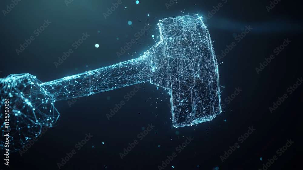 Poster a hologram of a hand holding a hammer. a hand holding a hammer made of polygons, triangles of dots a