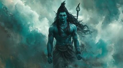 Fototapeta premium shiva: a digital artwork depicting lord shiva as a powerful and muscular man with long hair and flowing robes.