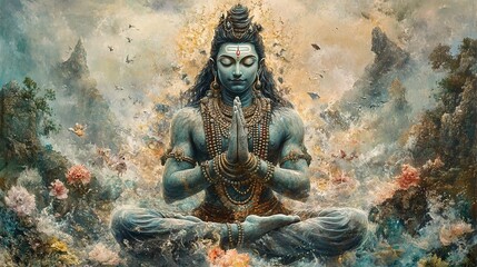 A serene depiction of Lord Shiva meditating amidst a vibrant and colorful landscape.