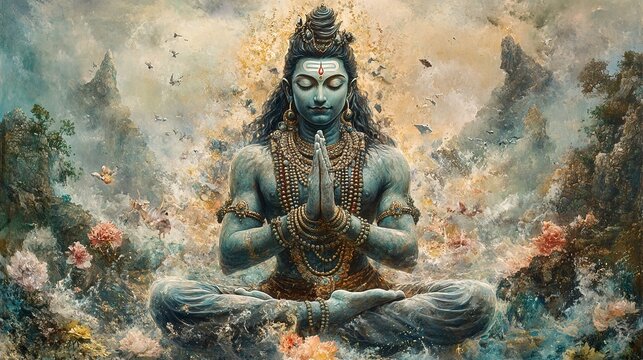A serene depiction of Lord Shiva meditating amidst a vibrant and colorful landscape.