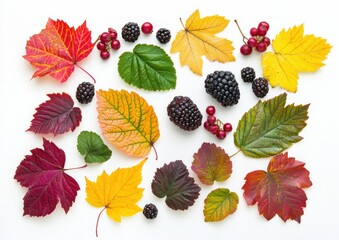 Vibrant Autumn Leaves and Berries Displayed on White Background, Featuring Red, Yellow, and Green Foliage Alongside Juicy Blackberries and Tart Cranberries