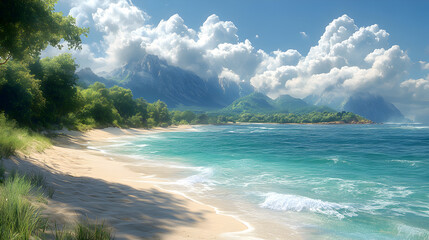 Paradise Beach with Majestic Mountains