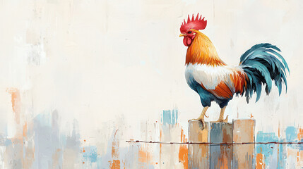 proud rooster standing atop barnyard fence, showcasing vibrant feathers and confident stance