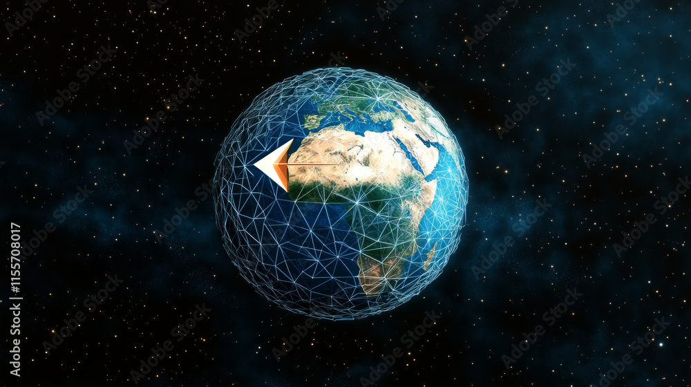 Poster the hologram is an earth grid with an arrow. an earth grid with an arrow of polygons, triangles of p