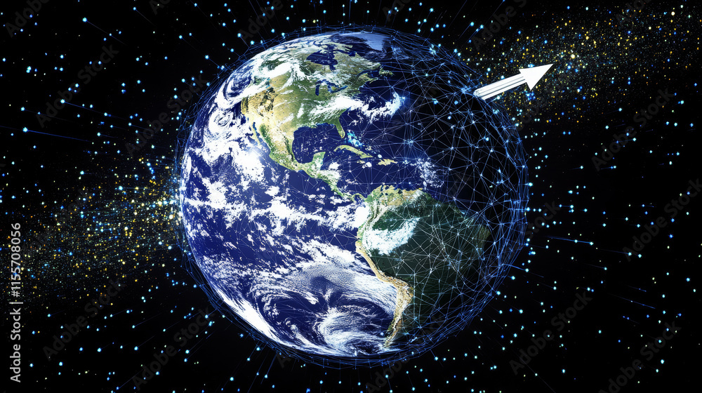 Poster the hologram is an earth grid with an arrow. an earth grid with an arrow of polygons, triangles of p