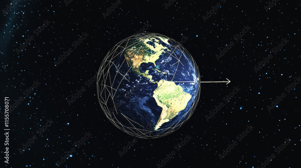 Poster the hologram is an earth grid with an arrow. an earth grid with an arrow of polygons, triangles of p
