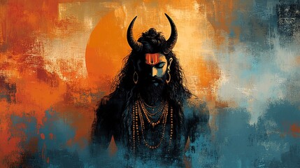 A portrait of Lord Shiva as Bhairava, an incarnation of Lord Shiva, painted with vibrant colors and intricate details.