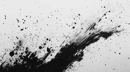 Hand-painted ink splatters and brushstrokes layered over textured paper, with visible imperfections, bold black and white contrast, and minimalistic abstract composition.