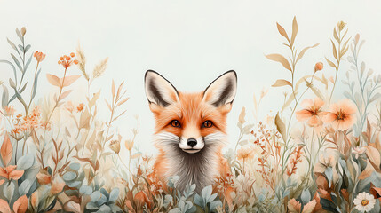 Fototapeta premium serene fox resting in meadow, surrounded by soft flowers and greenery, exuding calm and peaceful vibe