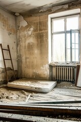 Simple one bedroom apartment featuring a mattress on the floor, showcasing an unfinished and worn interior with visible damage