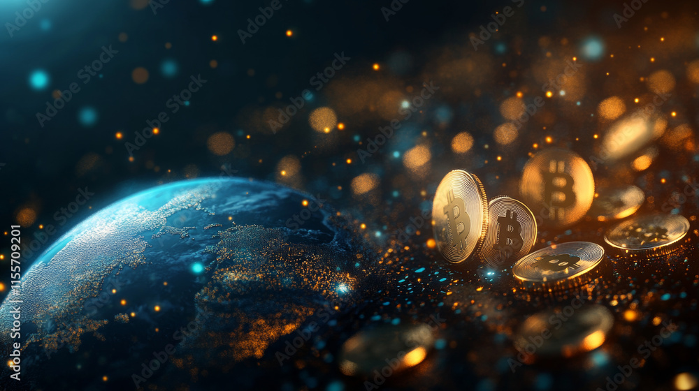 Poster the hologram is money. coins and a planet made of polygons, triangles of dots and lines. money is a 