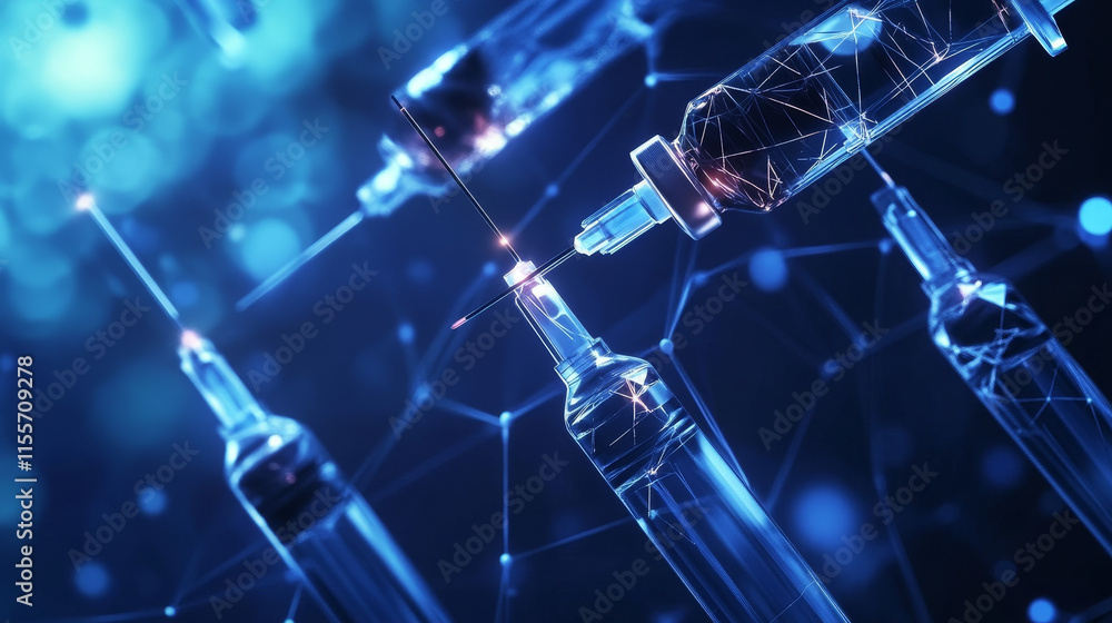 Poster a hologram of an injection into a virus. vaccination of polygons, triangles of dots and lines. injec