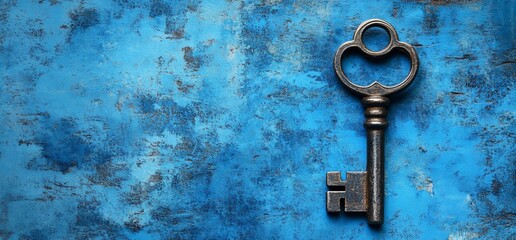 A vintage key rests on a textured blue surface, symbolizing mystery and access.