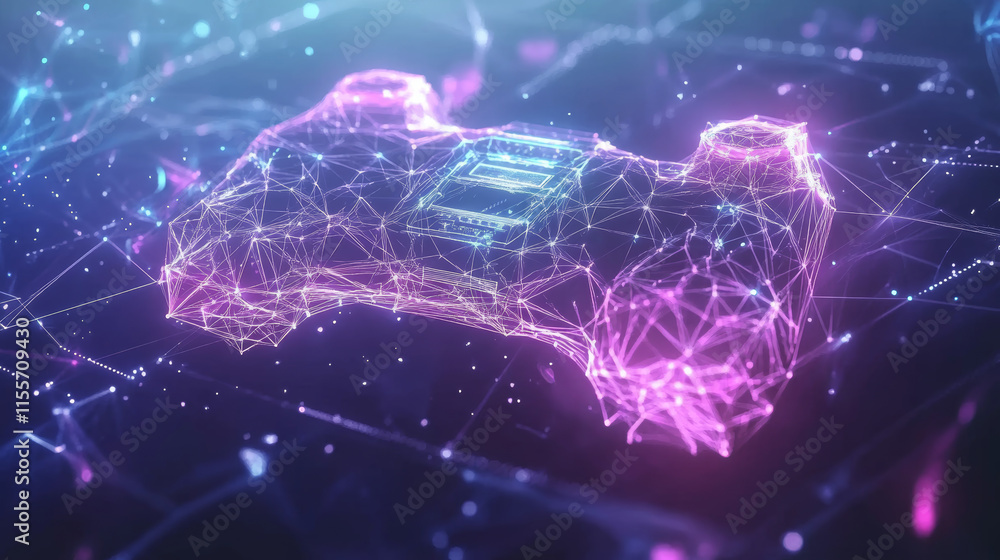 Poster hologram gaming. a gamepad made of polygons, triangles of dots and lines. gaming is a low-poly compo