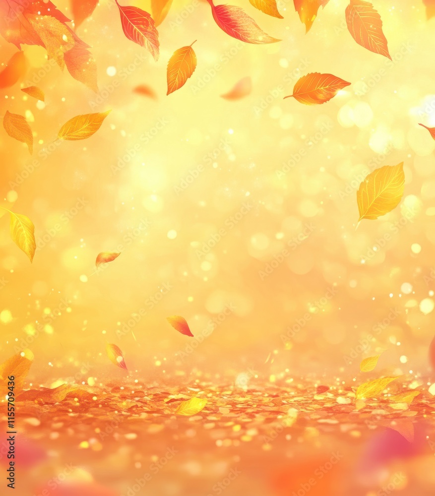 Poster vibrant autumn leaves falling against a warm golden background creating a dreamy bokeh effect with a