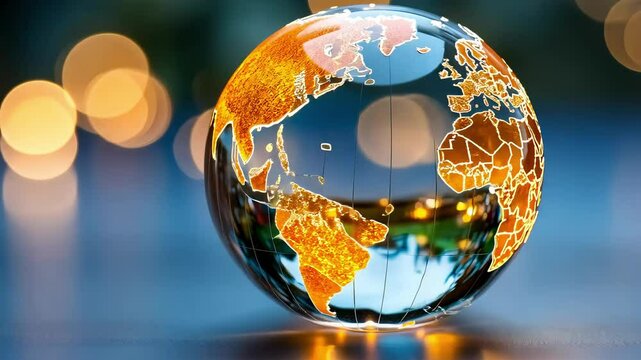 A beautifully crafted glass globe showcases a detailed map of the world, glowing with golden light