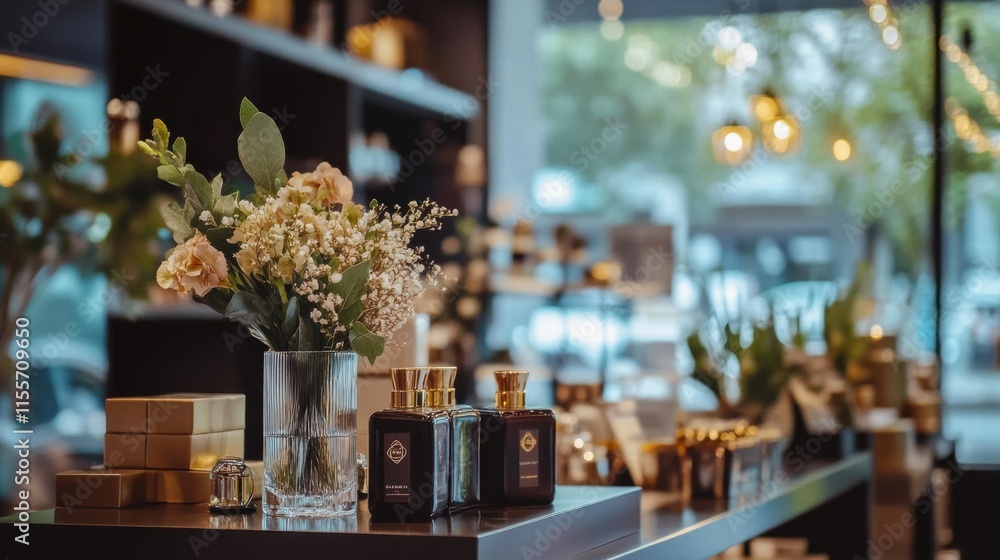 Poster stylish storefront display showcasing fresh flowers in glass vases with elegant decor and subtle lig