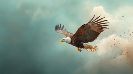 Obraz premium Soaring eagle with wings spread wide, showcasing its majestic flight through serene sky