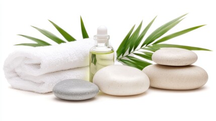 A small amber dropper bottle with stones and white towels, surrounded by tropical palm shadows on a white background.