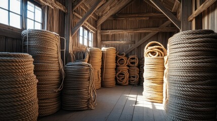 Multiple polyethylene rope rolls stored in a rustic barn, with natural light streaming through windows.
