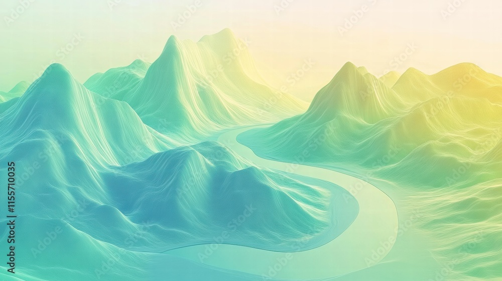 Poster winding river flowing through minimalist mountain range with ample copy space for text and design el