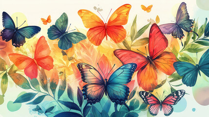 Vibrant butterflies in tropical garden, showcasing vivid colors and lush foliage. This enchanting scene captures beauty of nature artistry