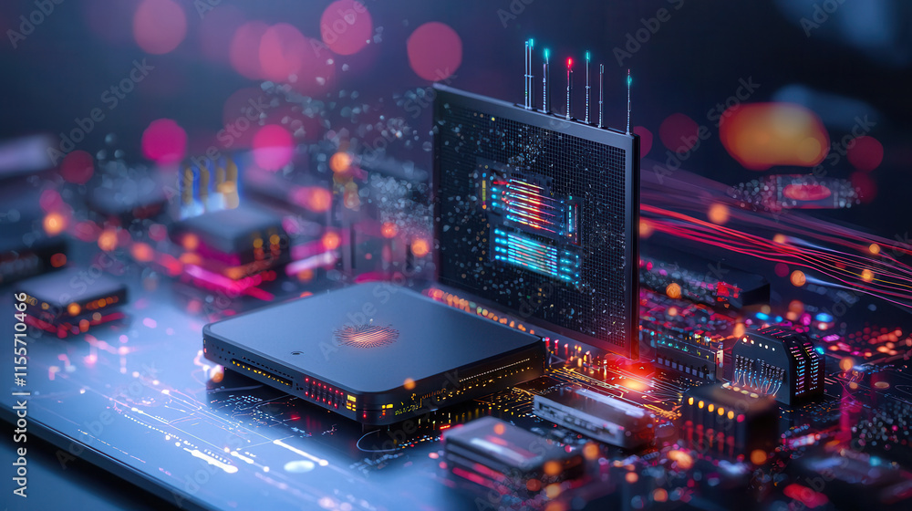 Poster vibrant home network featuring router and connected devices, showcasing advanced technology and digi
