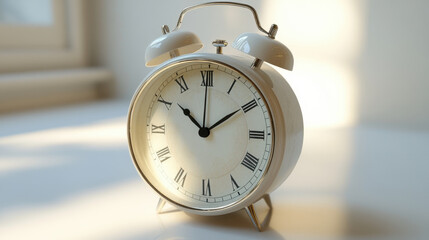 classic alarm clock with 3D effect, featuring white background and Roman numerals, adds touch of elegance to any space. Its vintage design enhances aesthetic appeal