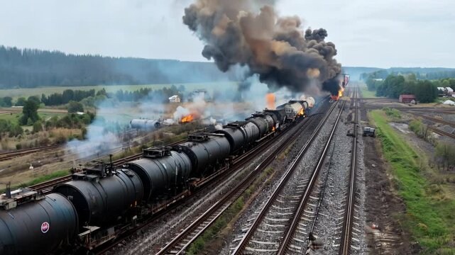 A burning train. Oil or toxic chemicals leak and ignite. Acrid smoke is released into the atmosphere. A train blaze erupts as toxic chemicals ignite, releasing acrid smoke.