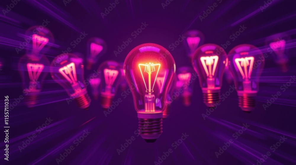 Aufkleber one of lightbulb glowing among shutdown light bulb in dark area with copy space for creative thinkin