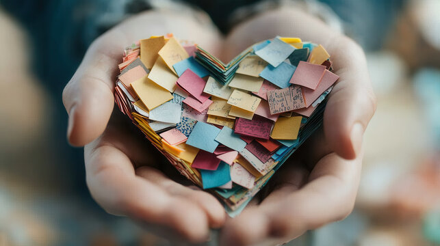 Colorful heart made of post it notes held in hands, symbolizing love and creativity