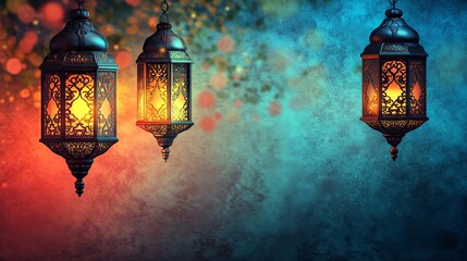 Lanterns lit up against a colorful bokeh background.