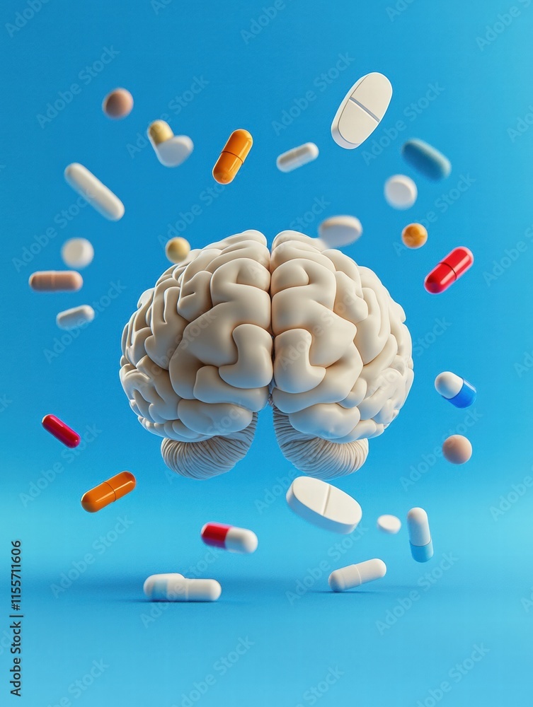 Poster 3d model of a human brain surrounded by various pills on a bright blue background showcasing health 