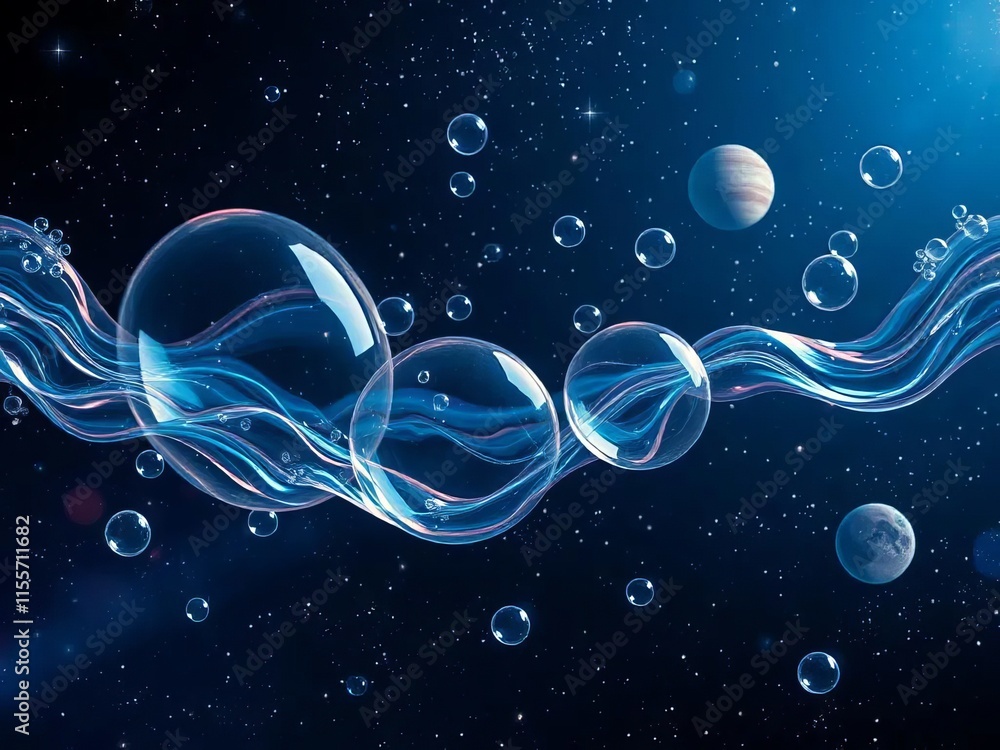 Poster hydrogen and sustainable blue hydro energy concept in an abstract glowing bubble particles loop on b