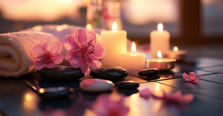 serene spa setting featuring candles, pink flowers, and smooth stones creates tranquil atmosphere for relaxation and rejuvenation