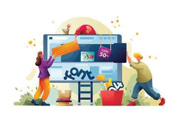 Marketing A team of people is developing a website desing by filling it with functions, concept vector illustration for the develop User Interface UI and User Experience UX content organization.