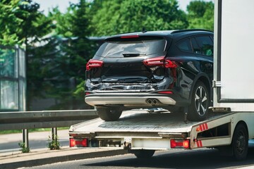 SUV being towed on flatbed in city