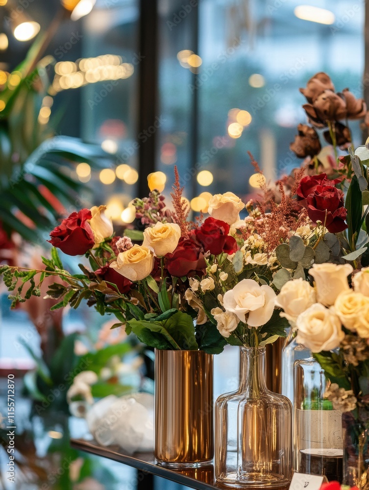 Poster Stylish storefront display featuring elegant flower arrangements in glass vases with soft lighting in a vibrant urban setting. Generative AI