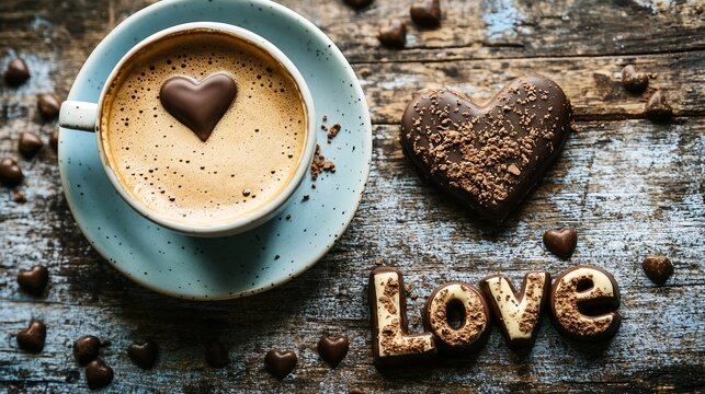 A heart-shaped chocolate on top of a cup of coffee surrounded by chocolate letters spelling 'love' and small hearts.