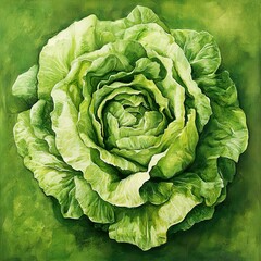 Obraz premium Closeup of a Fresh Green Lettuce, Botanical Painting