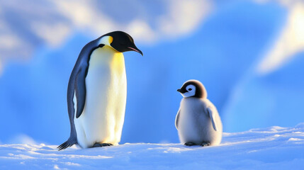 Emperor penguin and baby penguin standing on snow in icy landscape, showcasing their bond in serene, cold environment. heartwarming moment of nature beauty