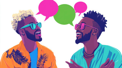 A modern flat vector illustration of two people conversing energetically, one wearing a vibrant blue shirt and the other in a striking orange jacket, both animated in dynamic poses