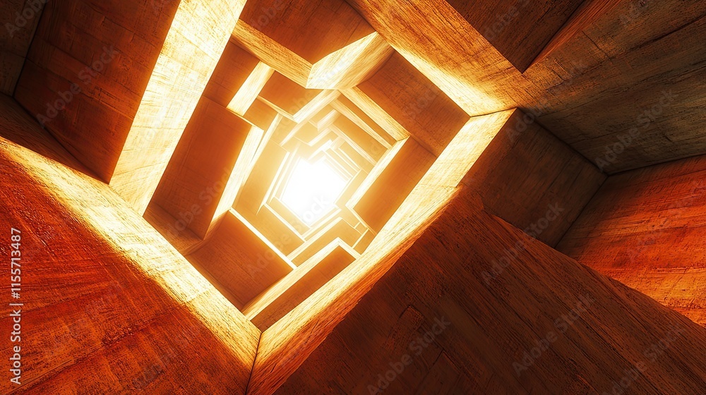 Poster light filters through a geometric staircase in a modern architectural structure