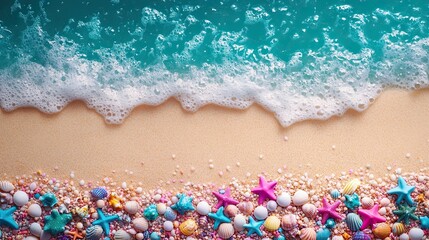 Colorful seashells and starfish decorate a sandy beach along the shoreline under clear blue skies