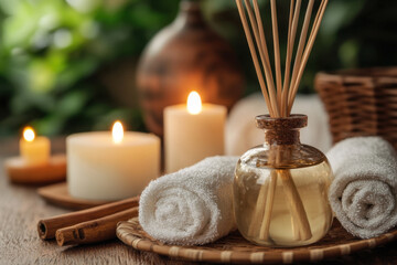 Aromatherapy diffuser emitting calming scents with candles and towels, creating serene atmosphere for relaxation and wellness