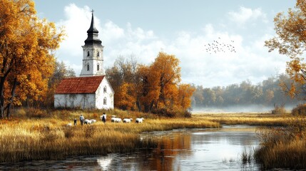 Obraz premium Serene Animation of Families Enjoying Quiet East Coast Landscape
