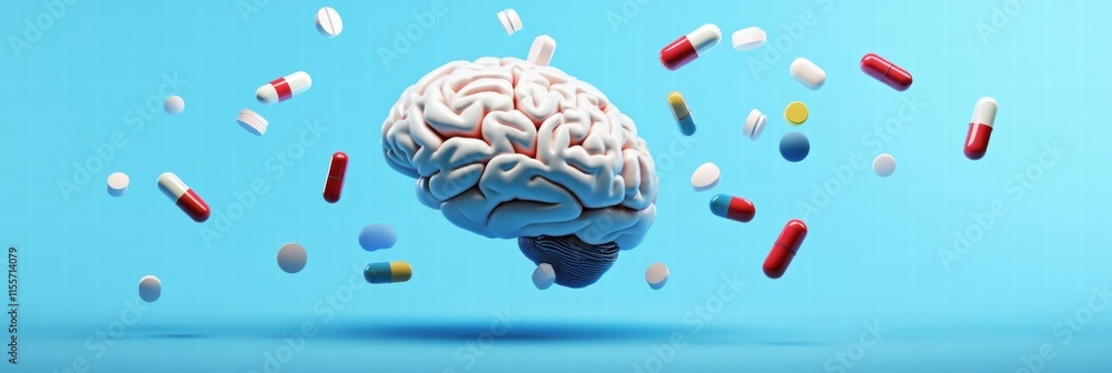 Leinwandbilder 3d model of a human brain surrounded by various colorful pills and capsules in a minimalist setting.