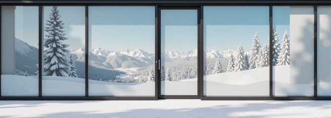 Glass windows with panoramic snowy mountain views in a ski lodge