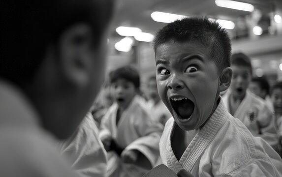 A young karateka shouts intensely during a martial arts class, surrounded by his classmates.